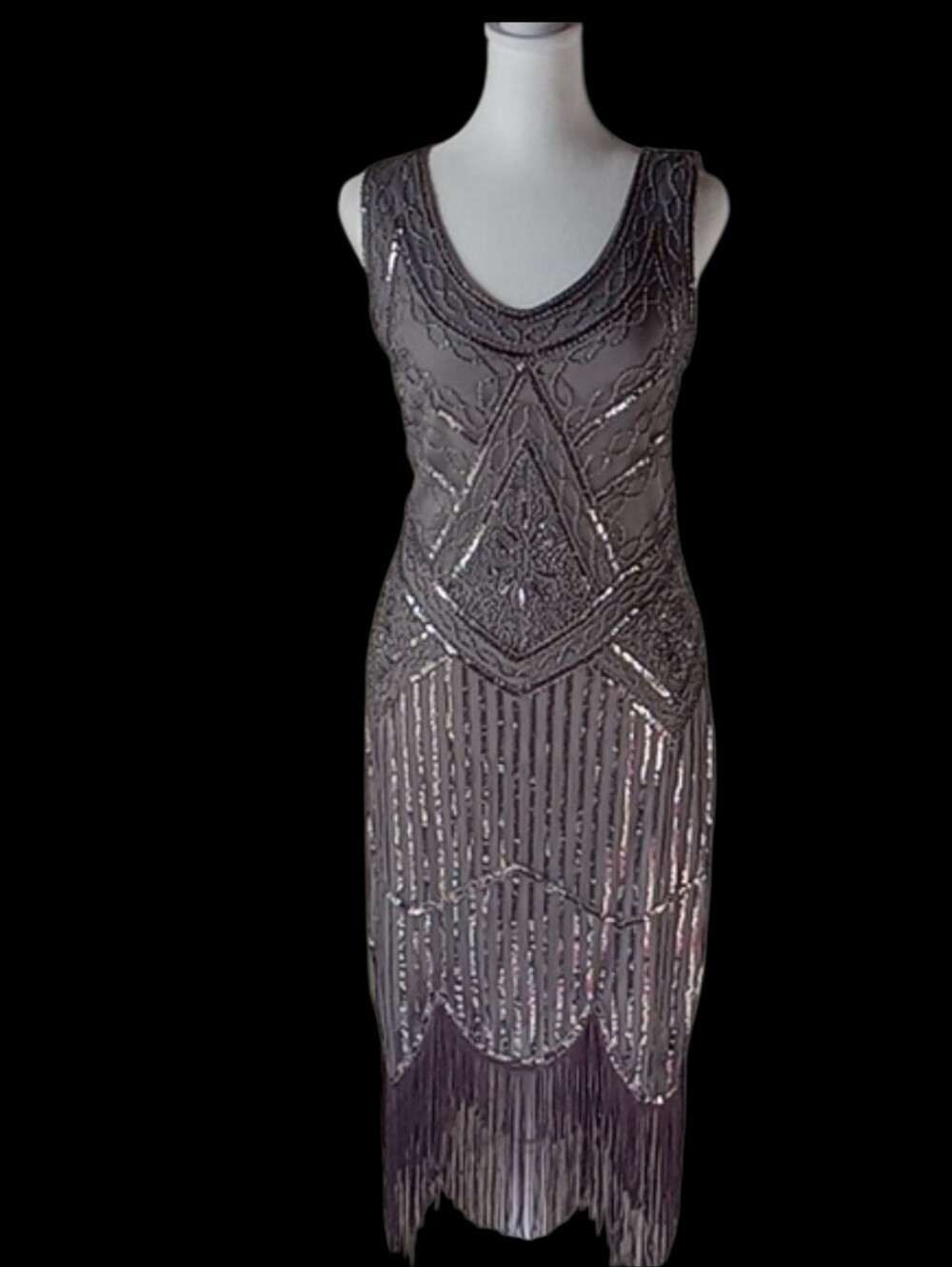 BABEYOND Silver Midi Fringe Dress with Elegant Design Size S